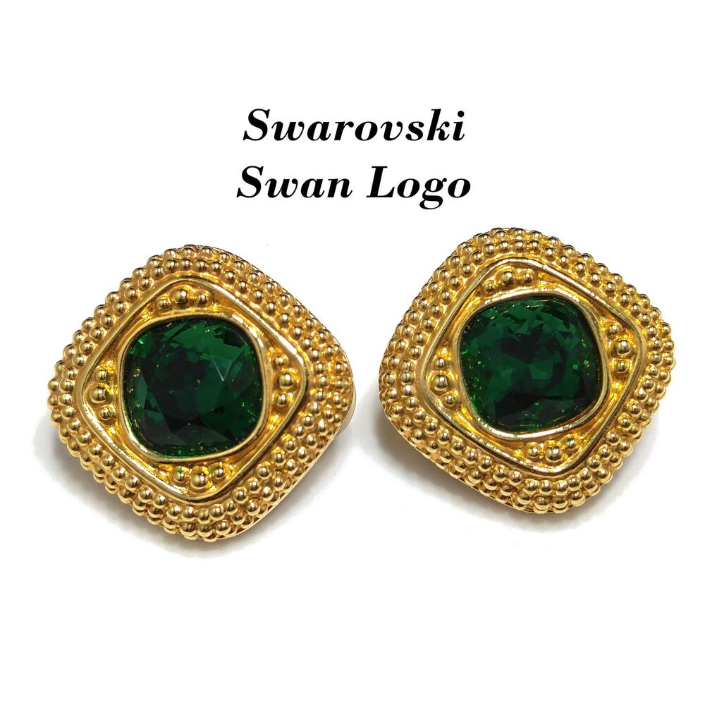 Swarovski Swan Logo Earrings, Emerald Green Crystal, Gold Plated Clip On, 1980s